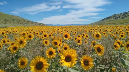 Obraz premium Vibrant Yellow Sunflower Field Under Blue Sky