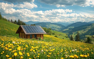 Fototapeta premium Solar-Powered Cabin Nestled In A Blooming Spring Valley