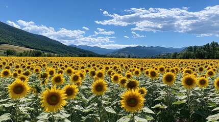 Obraz premium Vibrant Yellow Sunflower Field Under Sunny Sky with Mountain Background