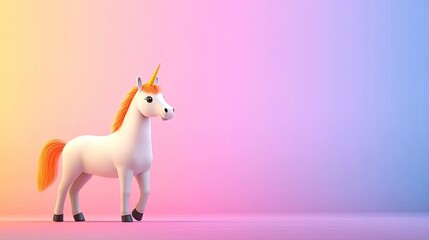 Cute cartoon unicorn with orange mane and tail on pastel background.