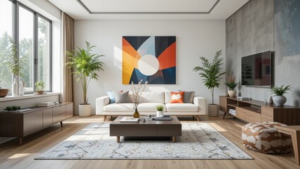 Bright and Contemporary Living Room Interior with Abstract Artwork and Natural Light