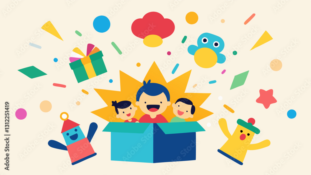 Poster toy explosion an explosion of various toys bursting from a large box symbolizing a sale event with p