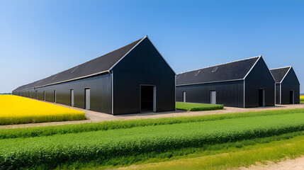 Broek op Langedijk, Netherlands. July17, 2023. Black tarred barns at Broek op Langedijk