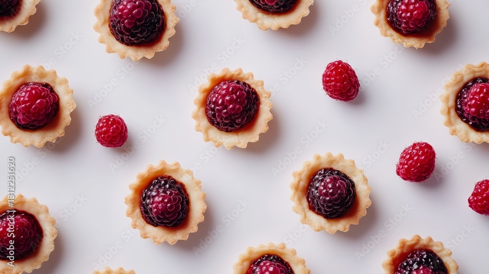 Poster a beautiful arrangement of assorted raspberry tartlets featuring fresh berries on a clean white surf
