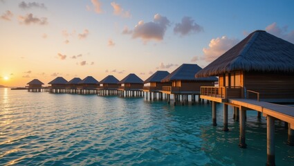 Tropical Sunset Overwater Bungalows on Calm Ocean Waters in a Serene Coastal Paradise