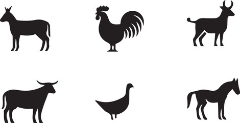 Farm animals silhouette hen horse donkey cow goat icon vector