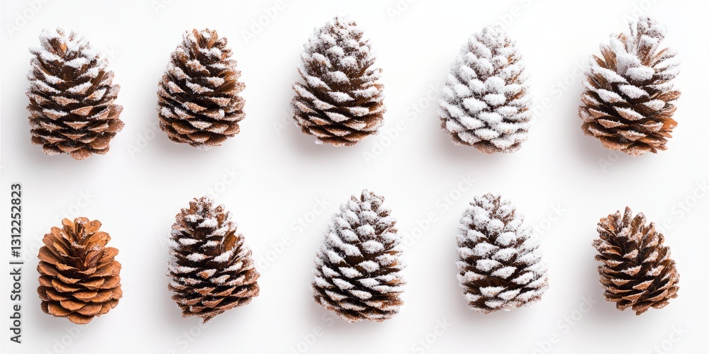 Poster a collection of pine cones lightly dusted with snow, arranged in neat rows on a white background, pe