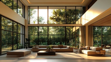 Fototapeta premium Modern living room with large windows overlooking a green forest