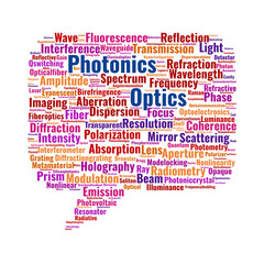 Optics and Photonics Word Cloud. Key concepts in light behavior, wave phenomena, and optical technology.