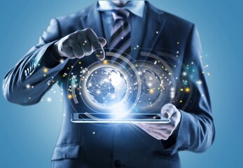 hand shows digital marketing, business tech icons