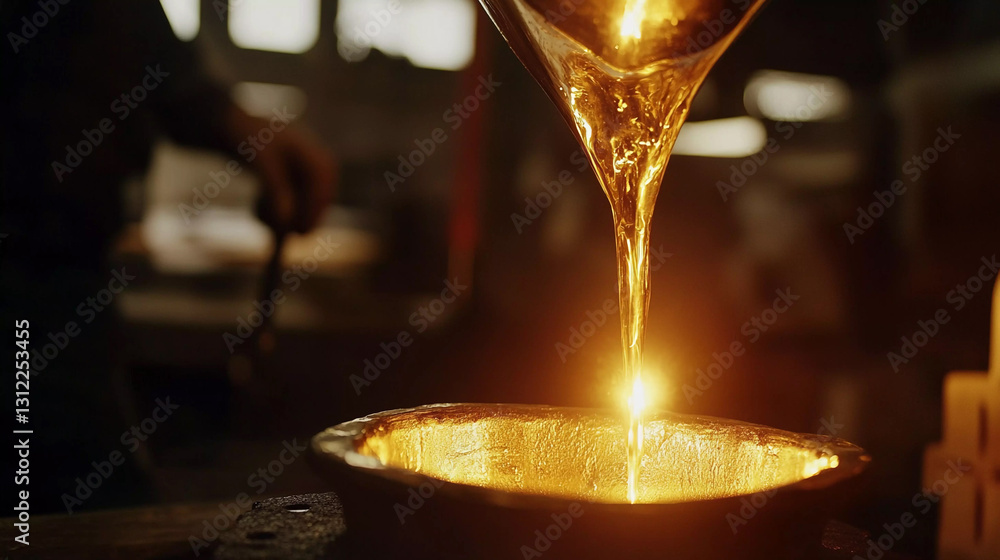 Aufkleber gold pours into a glowing mold in a workshop generative ai