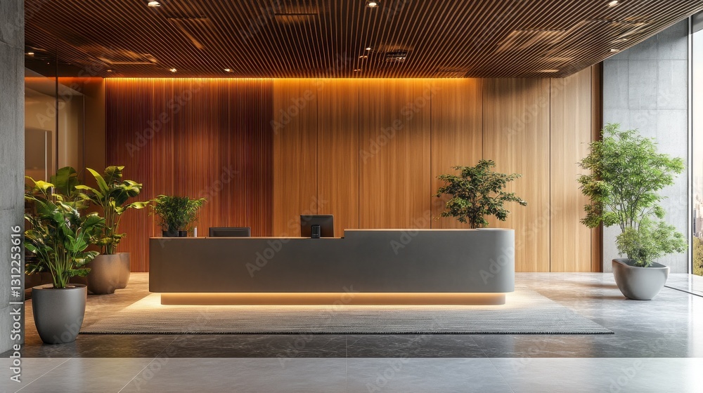 Poster this inviting reception space features sleek lines and warm wood textures, enhanced by lush greenery
