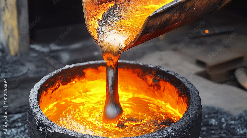Aufkleber Iron pours from ladle into melting pot during metalworking process Generative AI