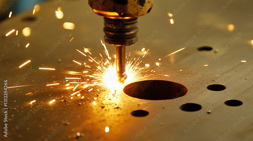 Aufkleber Tool in spindle tapping into a metal hole producing sparks Generative AI