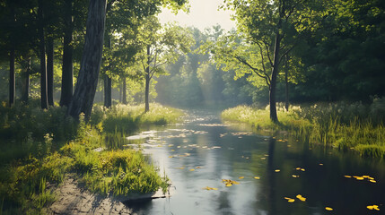 Obraz premium Serene Summer Creek in Lush Green Forest