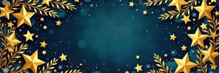 Fototapeta premium Luxury gold bush & watercolor star frame, elegant Xmas card design, card, stars