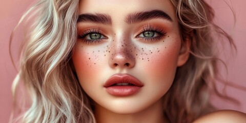 Fototapeta premium Close Up Portrait of Young Woman with Fair Skin Blue Eyes and Soft Wavy Hair in Dreamy Light Pink Makeup