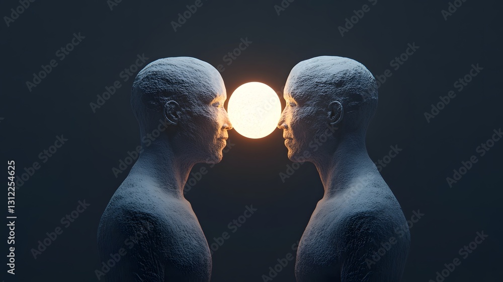 Poster ethereal figures exchanging glowing sphere - abstract 3d of mutual understanding