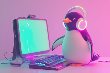 A cute penguin enjoys gaming with neon headphones on a vibrant pink setup.