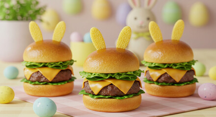 3 Deliciosos x-salada suculentos com carne grelhada, queijo derretido, tomate fresco e pão de gergelim com orelha de coelho