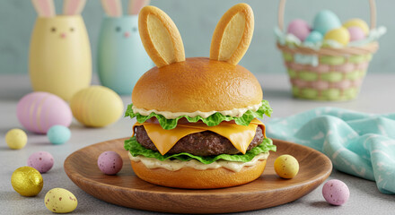 Delicioso cheeseburger grelhado com queijo derretido e tomate fresco com orelha de coelho pascoa