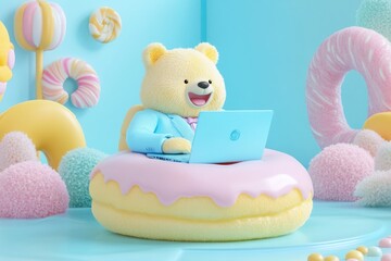 A cute teddy bear in a suit works on a laptop while sitting on a giant donut in a candy-themed setting.