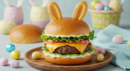 Cheeseburger com orelha de coelho suculento com queijo derretido e ingredientes frescos em um pão de gergelim pascoa 