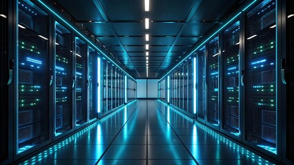 Obraz premium Futuristic server room with glowing blue lights.