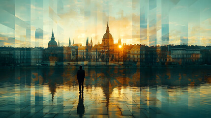 Obraz premium Silhouette of man admiring city skyline at sunset, reflected in water.