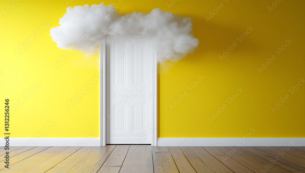 Poster 3d render of a minimalistic yellow background with a cloud and a door,