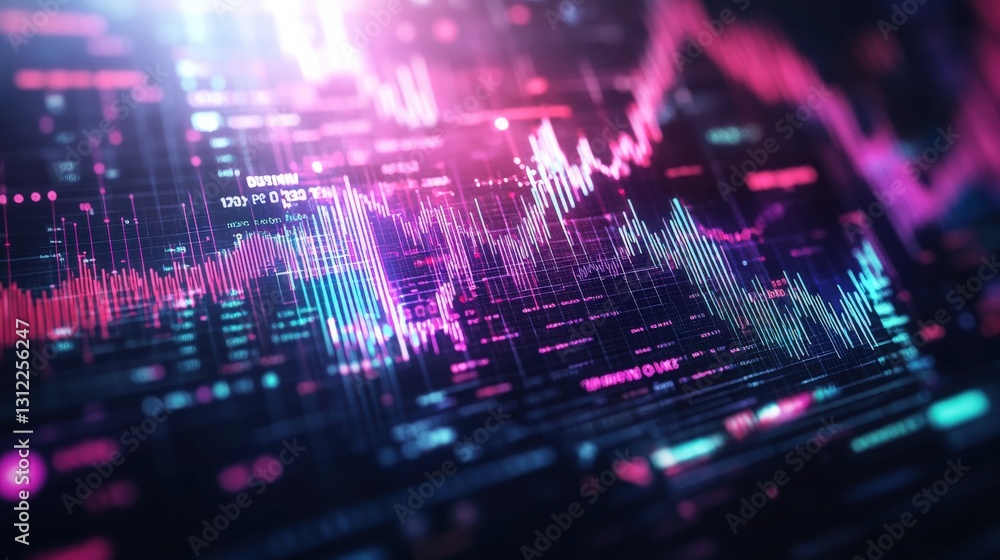 Poster digital stock market display showing live market data with stock prices and trends in a high-tech fi