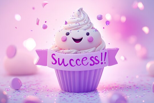 A happy cupcake with a banner saying 'Success!' surrounded by confetti, celebrating achievement.