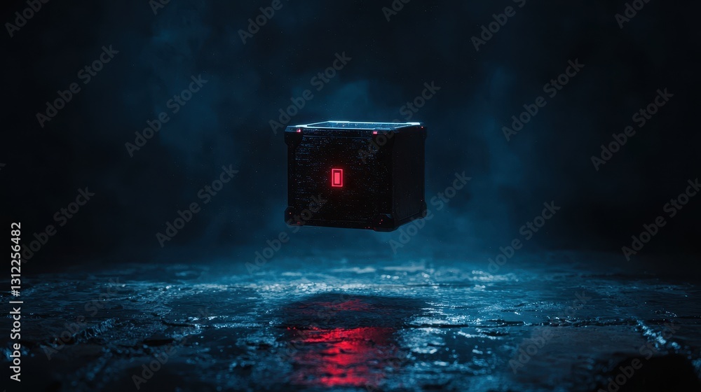 Poster Floating Dark Cube with Red Light in Foggy Environment