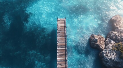 Stunning aerial shot of a wooden pier reaching into vibrant turquoise waters, surrounded by rocky coastline and sunlit ocean.