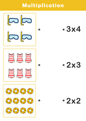 Fun Multiplication Worksheet for Kids. Matching Pictures for Children. Educational activity with cute summer illustration. Educational fun game for children.