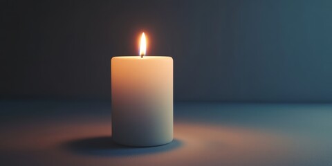 Candle is lit and is sitting on a table. The candle is white and the light is shining on it