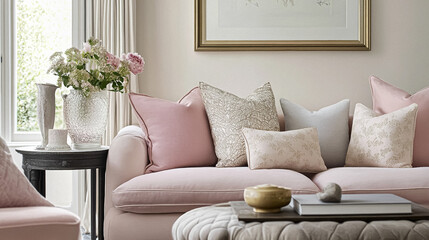 English style cottage interior in romantic colours, delicate patterns, vintage furnishings, evoking the timeless charm and tranquillity of a classic countryside