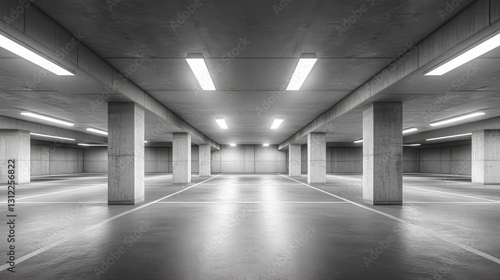 Poster within the confines of a spacious underground parking structure, concrete pillars extend into the di