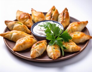 Lupine pastries with greek yogurt and parsley on wooden plate