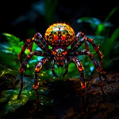 Fototapeta premium A vibrant spider in front of lush green foliage with a dark background.
