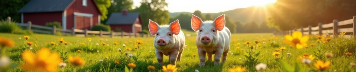 Fototapeta premium Smiling pigs bask in sunlit farm, colorful flowers bloom near rustic barns , animal portrait, farm animals