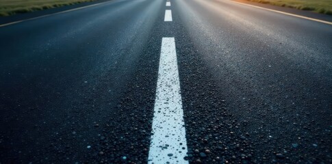 Smooth black asphalt, sharp white center lines, black, background