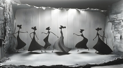 Silhouette women dancing in a shadowed room