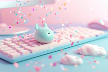 Cute pastel-colored bunny rests on a keyboard amidst falling confetti, creating a cheerful and playful scene.