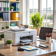 an office printer among documents and productivity