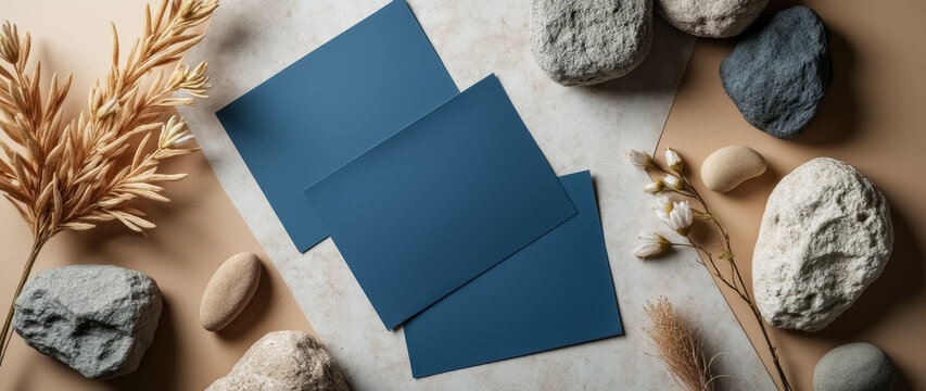 three navy blue cards with stones and dried flowers on neutral background