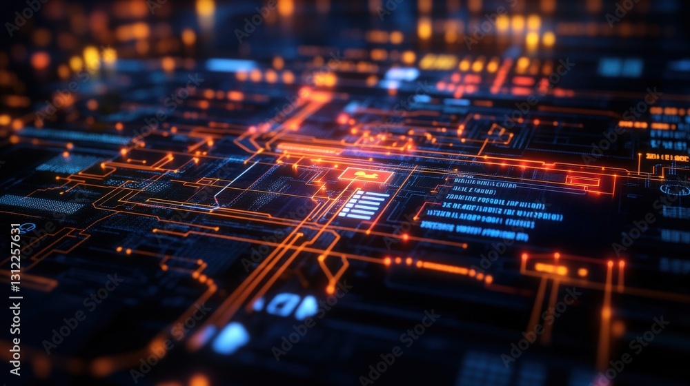 Poster circuit board featuring bright red light illuminating complex connections and electronic components 