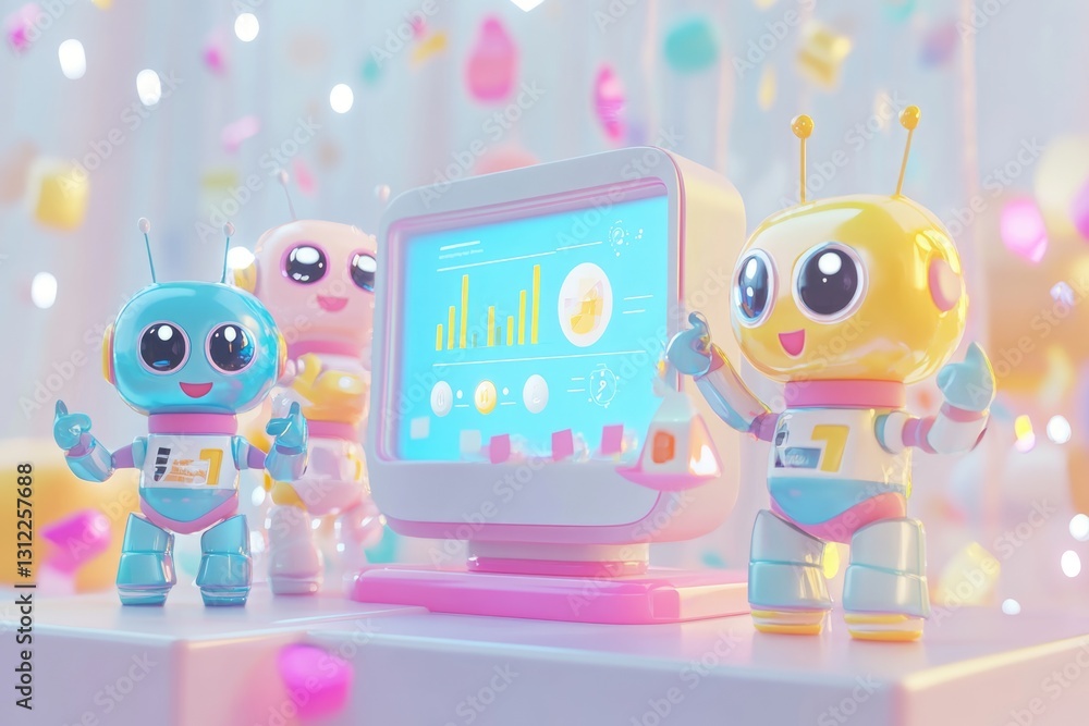 Poster three cute robots analyze data on a pastel computer screen in a playful, colorful setting.