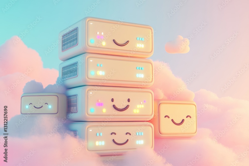 Poster stack of happy, cute computer servers floating on pastel clouds.