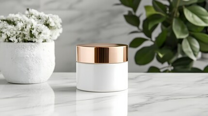 Elegant Skincare Cream Jar Placed on Marble Countertop Reflecting and Luxury